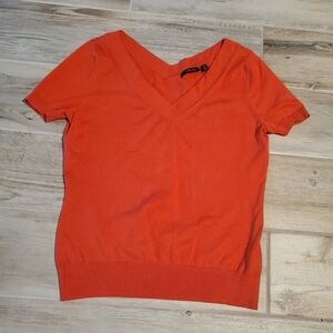 Carlisle Red Silk Blend Sweater Medium V Neck Short Sleeve Knit Pullover Top